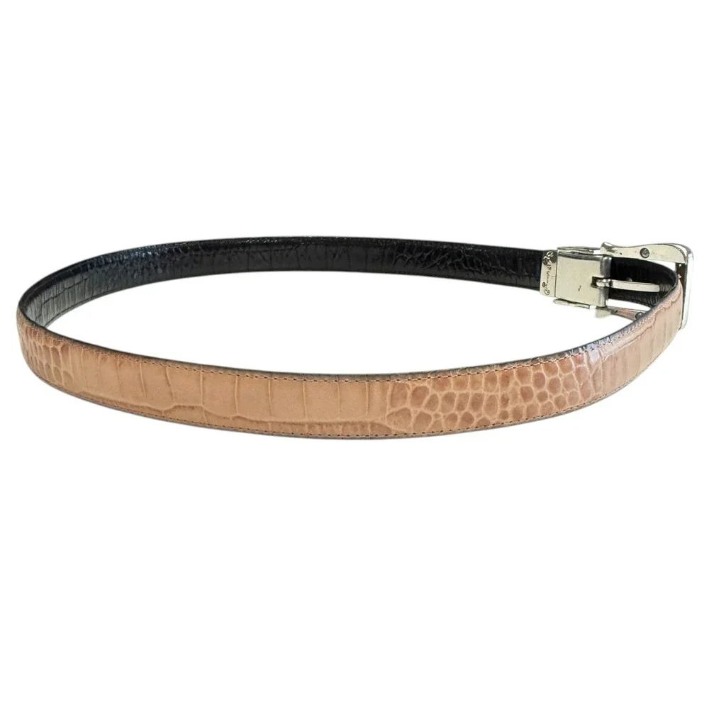 Brighton Womens Reversible Black Tan Belt Embossed Leather Silver Gold Buckle XL